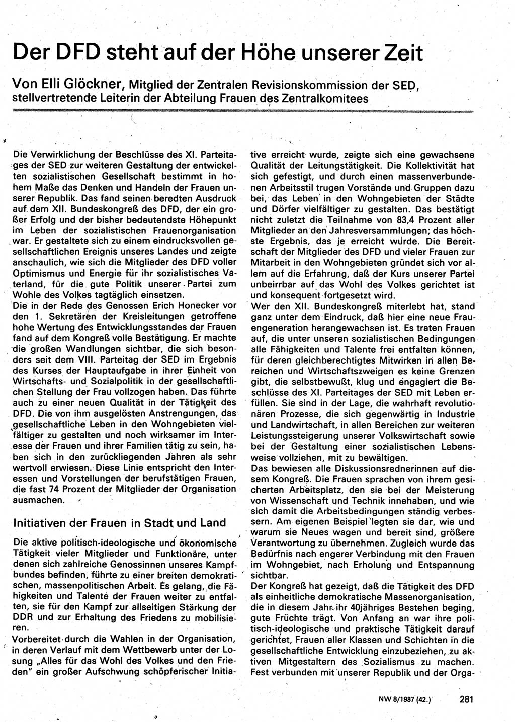 Neuer Weg (NW), Organ des Zentralkomitees (ZK) der SED (Sozialistische Einheitspartei Deutschlands) für Fragen des Parteilebens, 42. Jahrgang [Deutsche Demokratische Republik (DDR)] 1987, Seite 281 (NW ZK SED DDR 1987, S. 281)