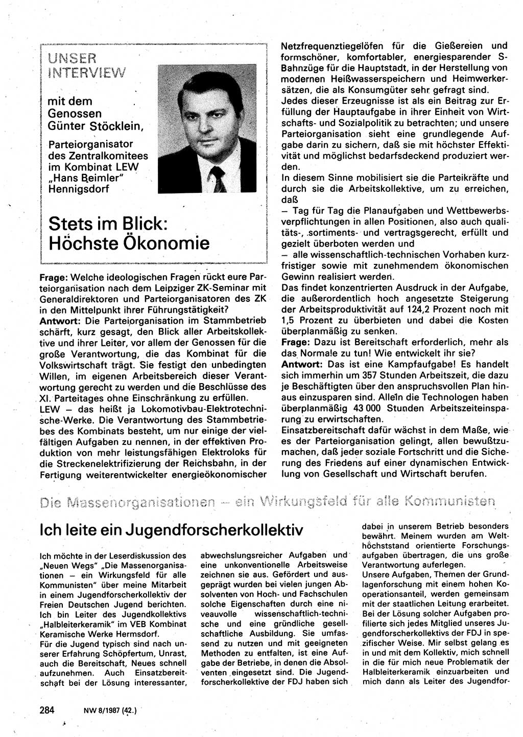 Neuer Weg (NW), Organ des Zentralkomitees (ZK) der SED (Sozialistische Einheitspartei Deutschlands) für Fragen des Parteilebens, 42. Jahrgang [Deutsche Demokratische Republik (DDR)] 1987, Seite 284 (NW ZK SED DDR 1987, S. 284)