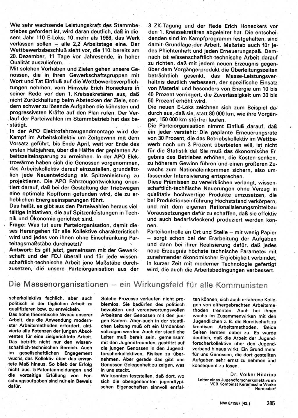 Neuer Weg (NW), Organ des Zentralkomitees (ZK) der SED (Sozialistische Einheitspartei Deutschlands) für Fragen des Parteilebens, 42. Jahrgang [Deutsche Demokratische Republik (DDR)] 1987, Seite 285 (NW ZK SED DDR 1987, S. 285)