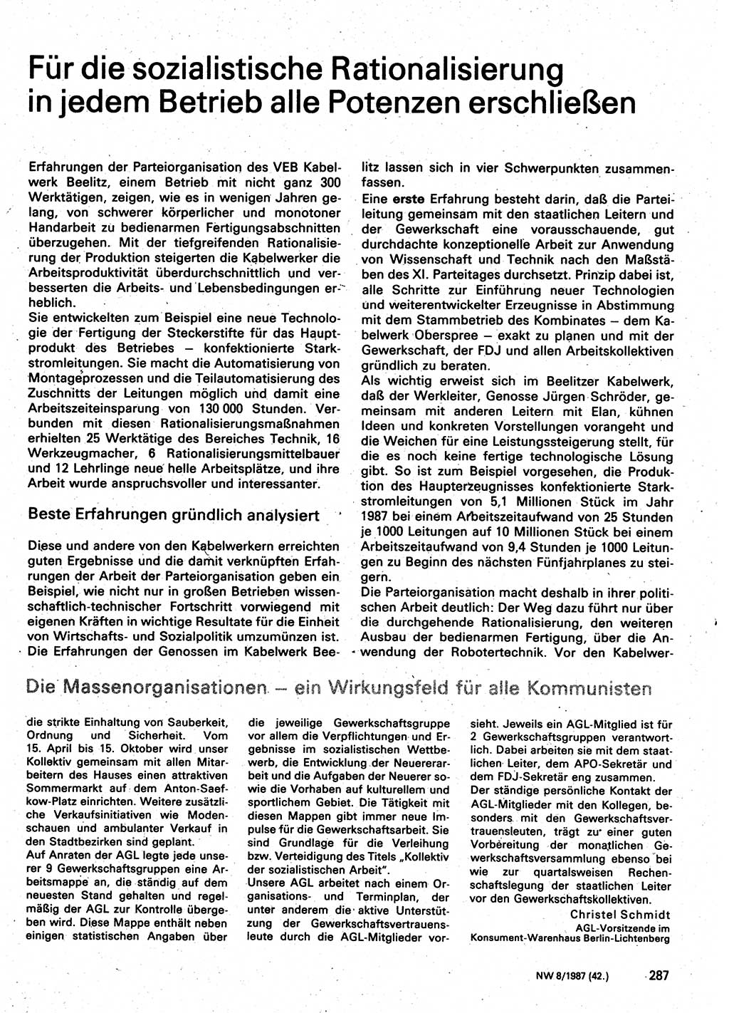 Neuer Weg (NW), Organ des Zentralkomitees (ZK) der SED (Sozialistische Einheitspartei Deutschlands) für Fragen des Parteilebens, 42. Jahrgang [Deutsche Demokratische Republik (DDR)] 1987, Seite 287 (NW ZK SED DDR 1987, S. 287)