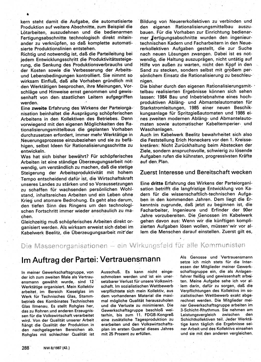 Neuer Weg (NW), Organ des Zentralkomitees (ZK) der SED (Sozialistische Einheitspartei Deutschlands) für Fragen des Parteilebens, 42. Jahrgang [Deutsche Demokratische Republik (DDR)] 1987, Seite 288 (NW ZK SED DDR 1987, S. 288)