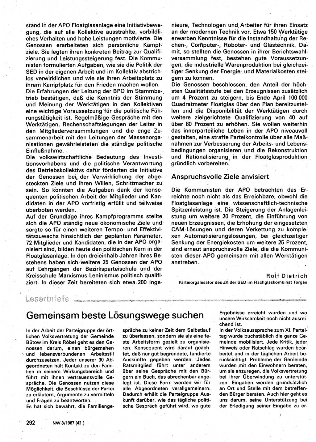 Neuer Weg (NW), Organ des Zentralkomitees (ZK) der SED (Sozialistische Einheitspartei Deutschlands) für Fragen des Parteilebens, 42. Jahrgang [Deutsche Demokratische Republik (DDR)] 1987, Seite 292 (NW ZK SED DDR 1987, S. 292)