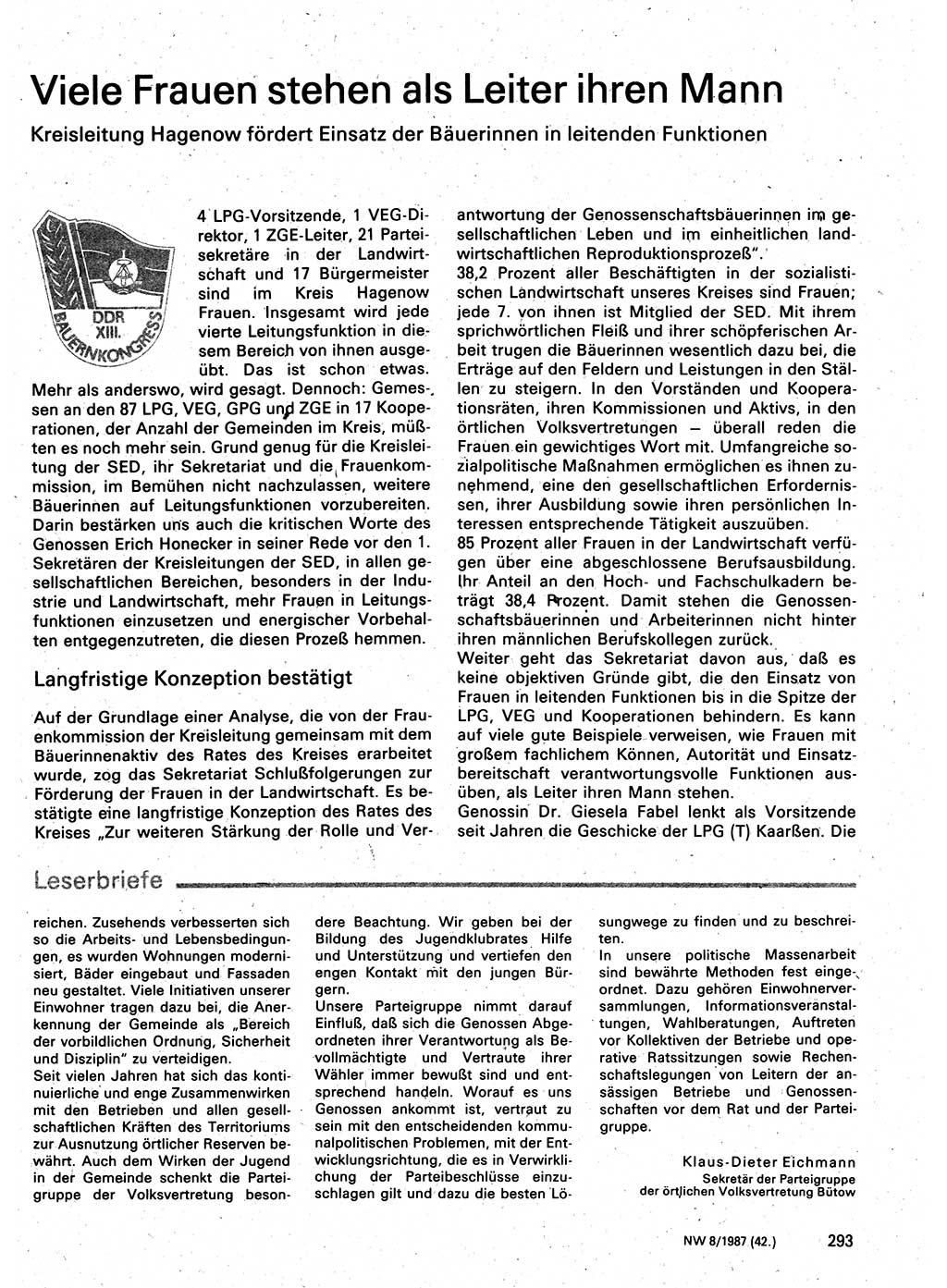 Neuer Weg (NW), Organ des Zentralkomitees (ZK) der SED (Sozialistische Einheitspartei Deutschlands) für Fragen des Parteilebens, 42. Jahrgang [Deutsche Demokratische Republik (DDR)] 1987, Seite 293 (NW ZK SED DDR 1987, S. 293)