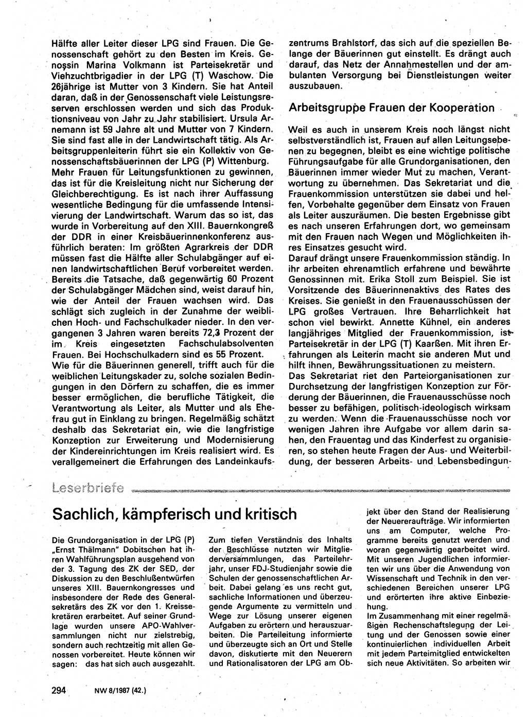Neuer Weg (NW), Organ des Zentralkomitees (ZK) der SED (Sozialistische Einheitspartei Deutschlands) für Fragen des Parteilebens, 42. Jahrgang [Deutsche Demokratische Republik (DDR)] 1987, Seite 294 (NW ZK SED DDR 1987, S. 294)
