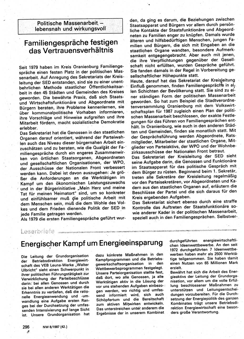 Neuer Weg (NW), Organ des Zentralkomitees (ZK) der SED (Sozialistische Einheitspartei Deutschlands) für Fragen des Parteilebens, 42. Jahrgang [Deutsche Demokratische Republik (DDR)] 1987, Seite 296 (NW ZK SED DDR 1987, S. 296)