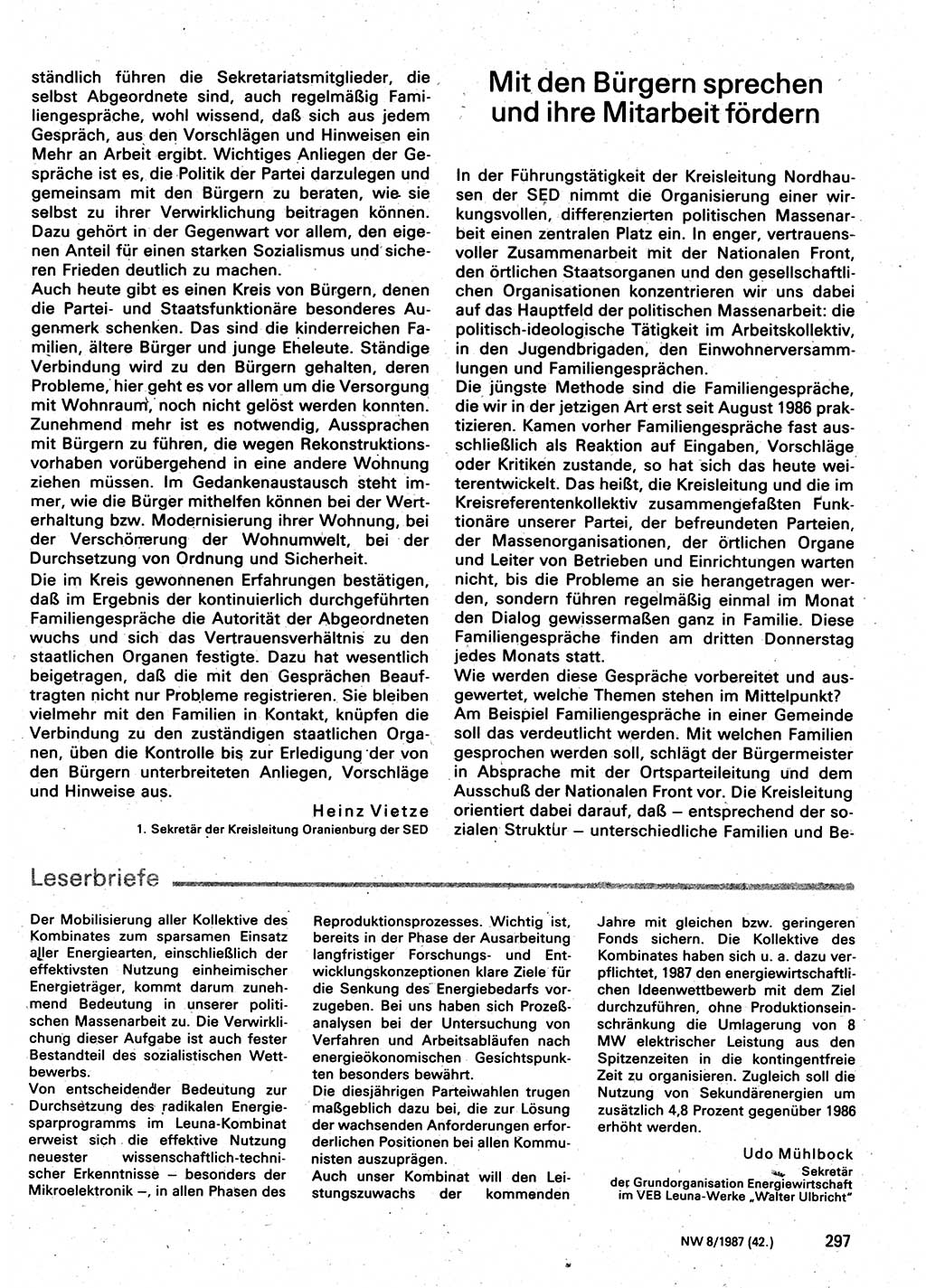 Neuer Weg (NW), Organ des Zentralkomitees (ZK) der SED (Sozialistische Einheitspartei Deutschlands) für Fragen des Parteilebens, 42. Jahrgang [Deutsche Demokratische Republik (DDR)] 1987, Seite 297 (NW ZK SED DDR 1987, S. 297)
