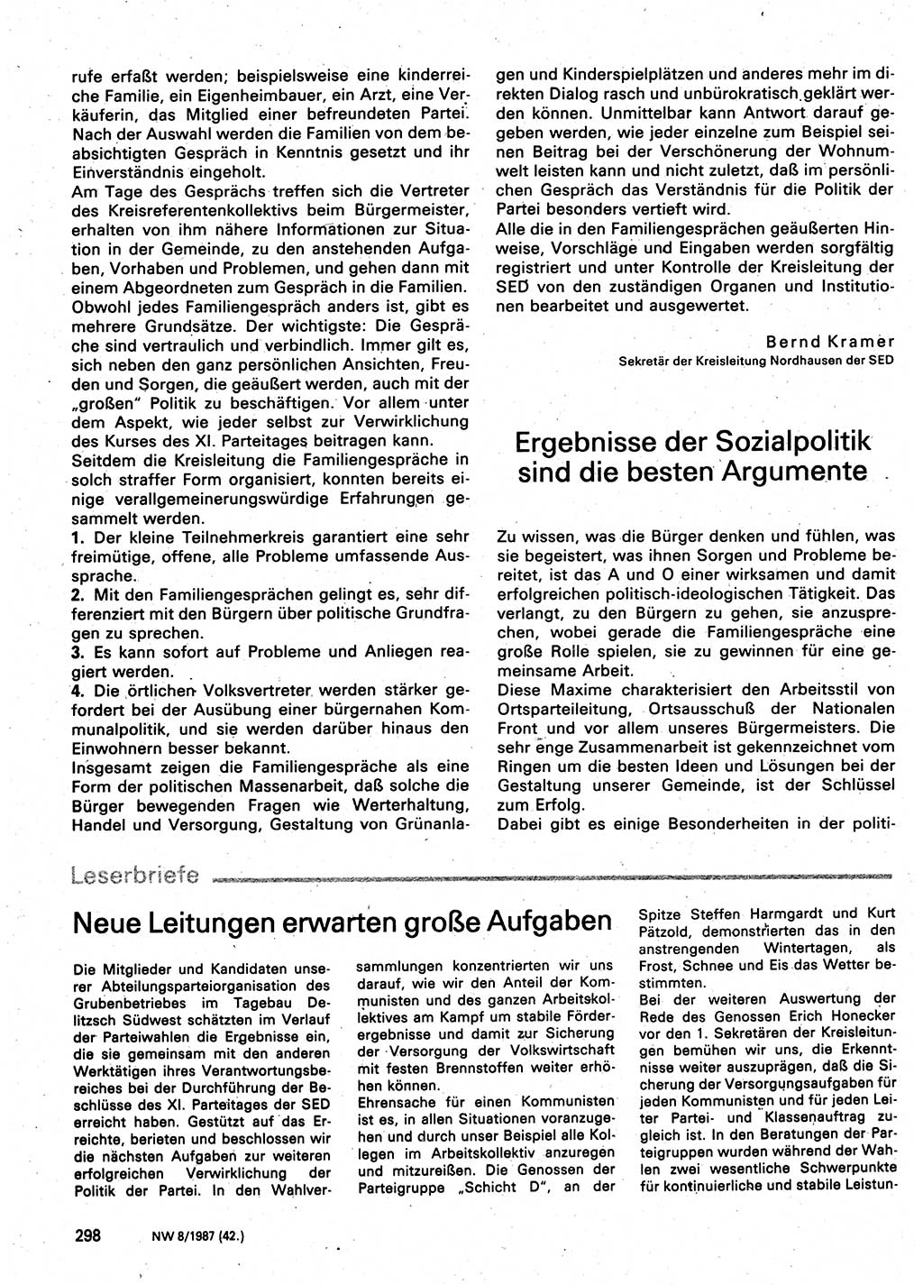 Neuer Weg (NW), Organ des Zentralkomitees (ZK) der SED (Sozialistische Einheitspartei Deutschlands) für Fragen des Parteilebens, 42. Jahrgang [Deutsche Demokratische Republik (DDR)] 1987, Seite 298 (NW ZK SED DDR 1987, S. 298)