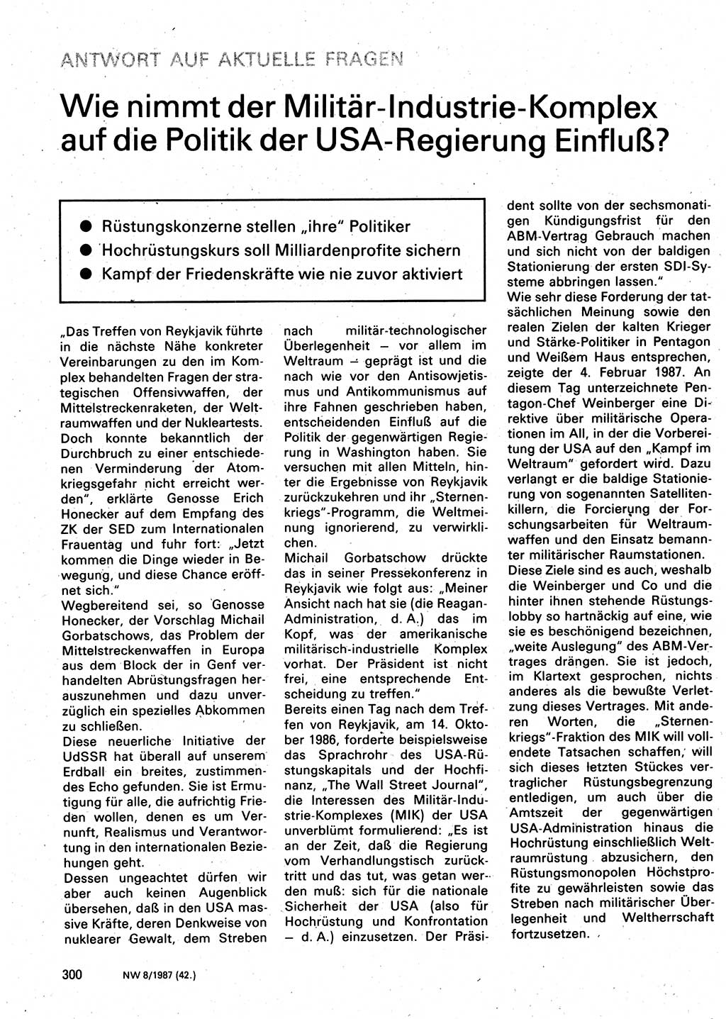 Neuer Weg (NW), Organ des Zentralkomitees (ZK) der SED (Sozialistische Einheitspartei Deutschlands) für Fragen des Parteilebens, 42. Jahrgang [Deutsche Demokratische Republik (DDR)] 1987, Seite 300 (NW ZK SED DDR 1987, S. 300)