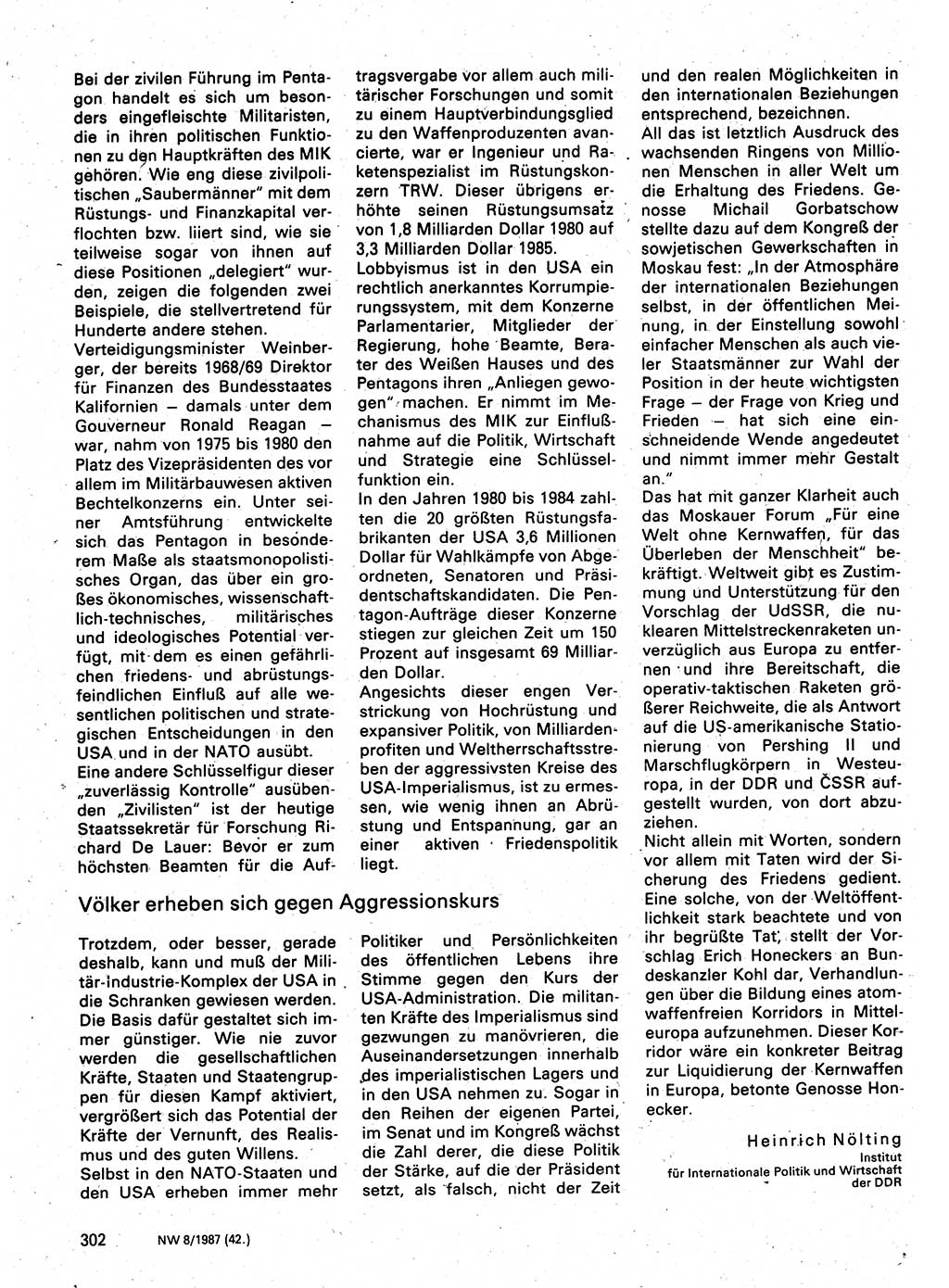 Neuer Weg (NW), Organ des Zentralkomitees (ZK) der SED (Sozialistische Einheitspartei Deutschlands) für Fragen des Parteilebens, 42. Jahrgang [Deutsche Demokratische Republik (DDR)] 1987, Seite 302 (NW ZK SED DDR 1987, S. 302)