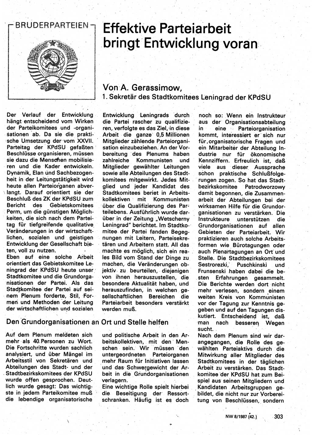 Neuer Weg (NW), Organ des Zentralkomitees (ZK) der SED (Sozialistische Einheitspartei Deutschlands) für Fragen des Parteilebens, 42. Jahrgang [Deutsche Demokratische Republik (DDR)] 1987, Seite 303 (NW ZK SED DDR 1987, S. 303)