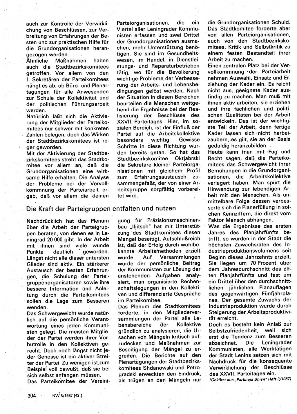 Neuer Weg (NW), Organ des Zentralkomitees (ZK) der SED (Sozialistische Einheitspartei Deutschlands) für Fragen des Parteilebens, 42. Jahrgang [Deutsche Demokratische Republik (DDR)] 1987, Seite 304 (NW ZK SED DDR 1987, S. 304)