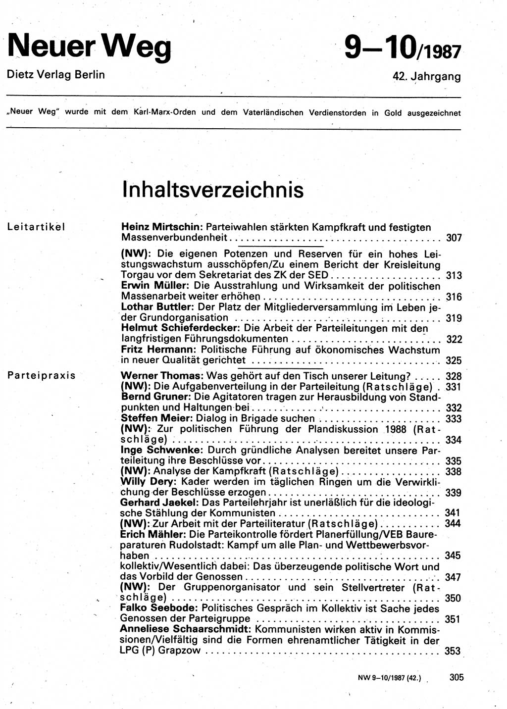 Neuer Weg (NW), Organ des Zentralkomitees (ZK) der SED (Sozialistische Einheitspartei Deutschlands) für Fragen des Parteilebens, 42. Jahrgang [Deutsche Demokratische Republik (DDR)] 1987, Seite 305 (NW ZK SED DDR 1987, S. 305)