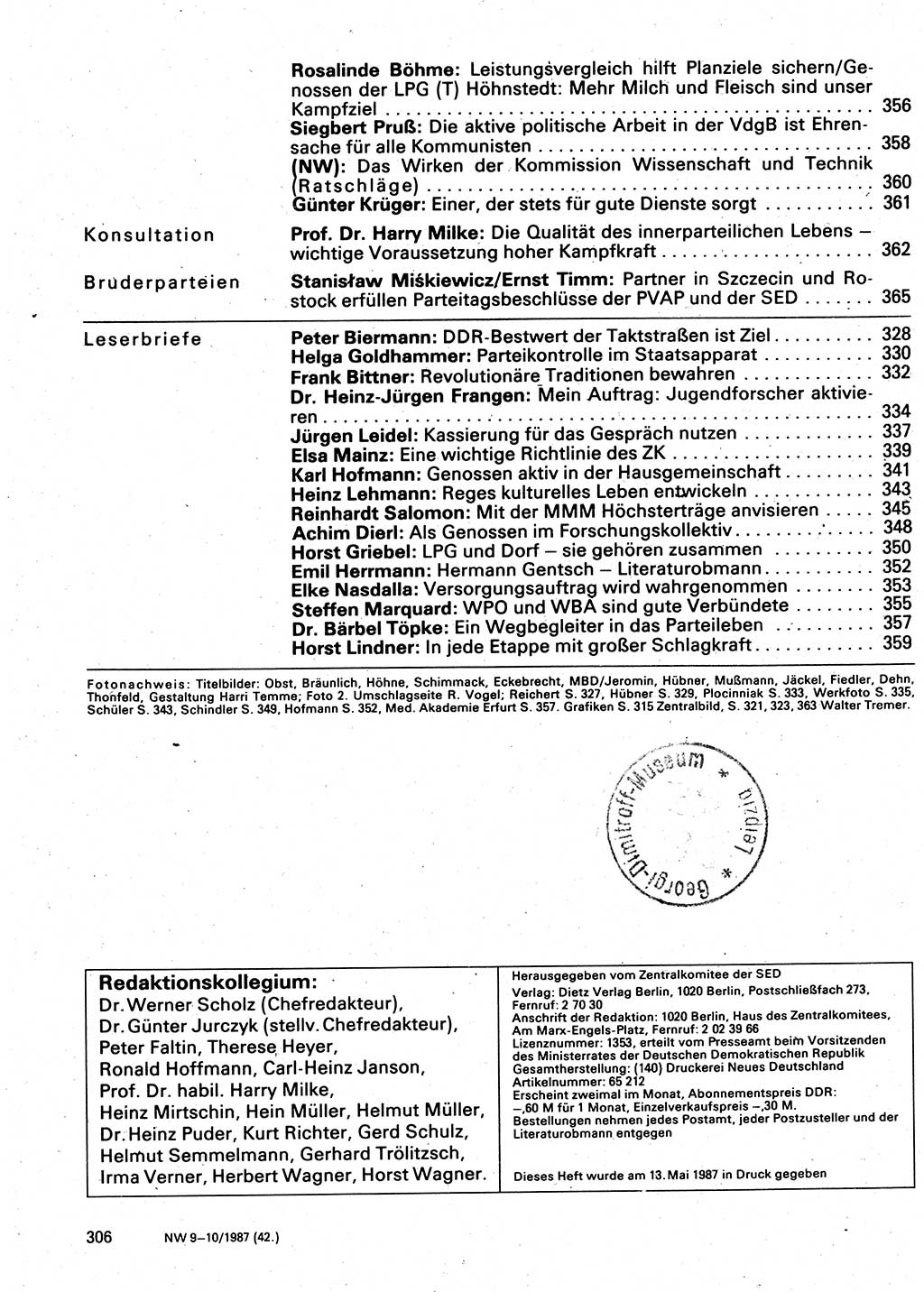 Neuer Weg (NW), Organ des Zentralkomitees (ZK) der SED (Sozialistische Einheitspartei Deutschlands) für Fragen des Parteilebens, 42. Jahrgang [Deutsche Demokratische Republik (DDR)] 1987, Seite 306 (NW ZK SED DDR 1987, S. 306)