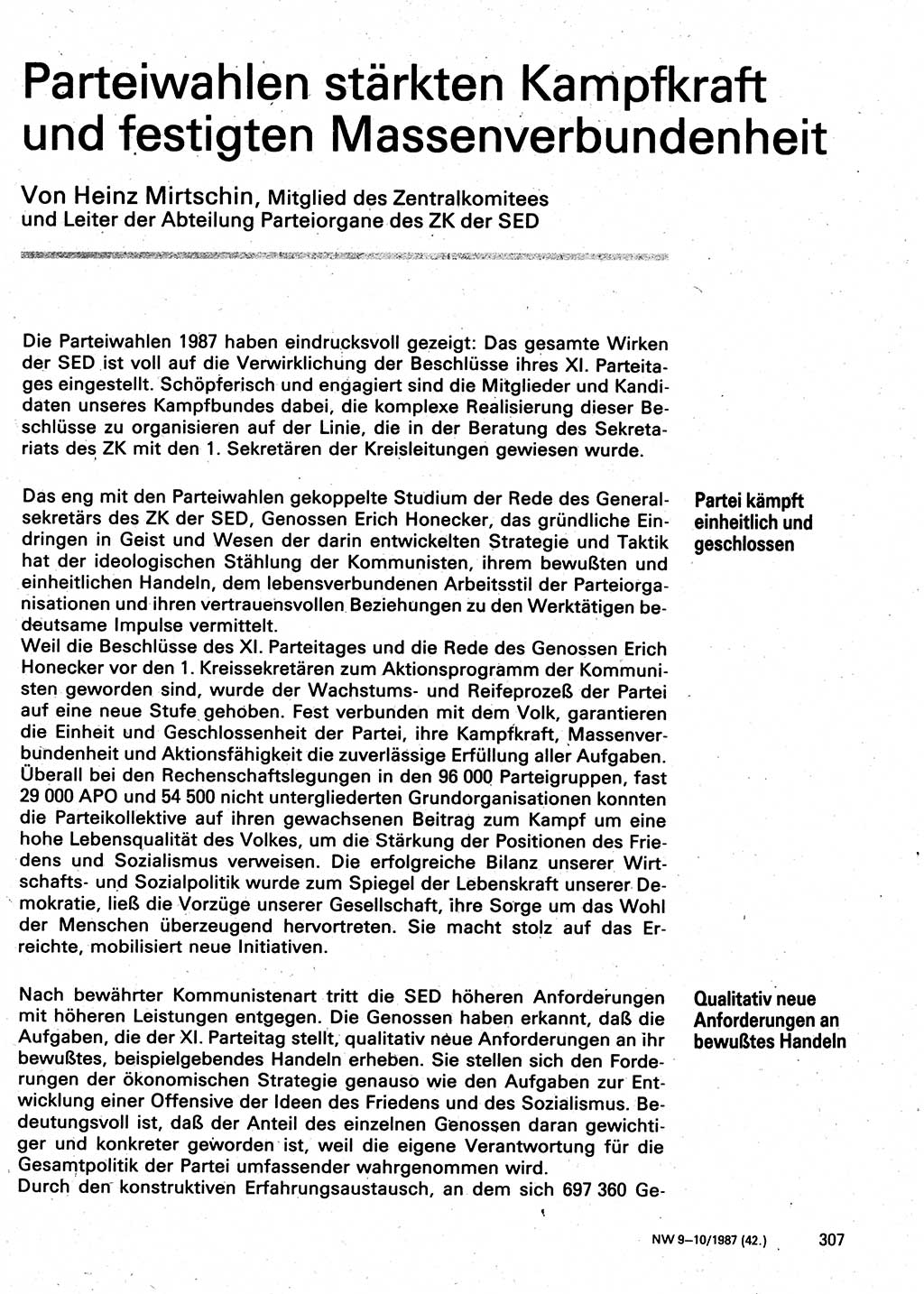 Neuer Weg (NW), Organ des Zentralkomitees (ZK) der SED (Sozialistische Einheitspartei Deutschlands) für Fragen des Parteilebens, 42. Jahrgang [Deutsche Demokratische Republik (DDR)] 1987, Seite 307 (NW ZK SED DDR 1987, S. 307)