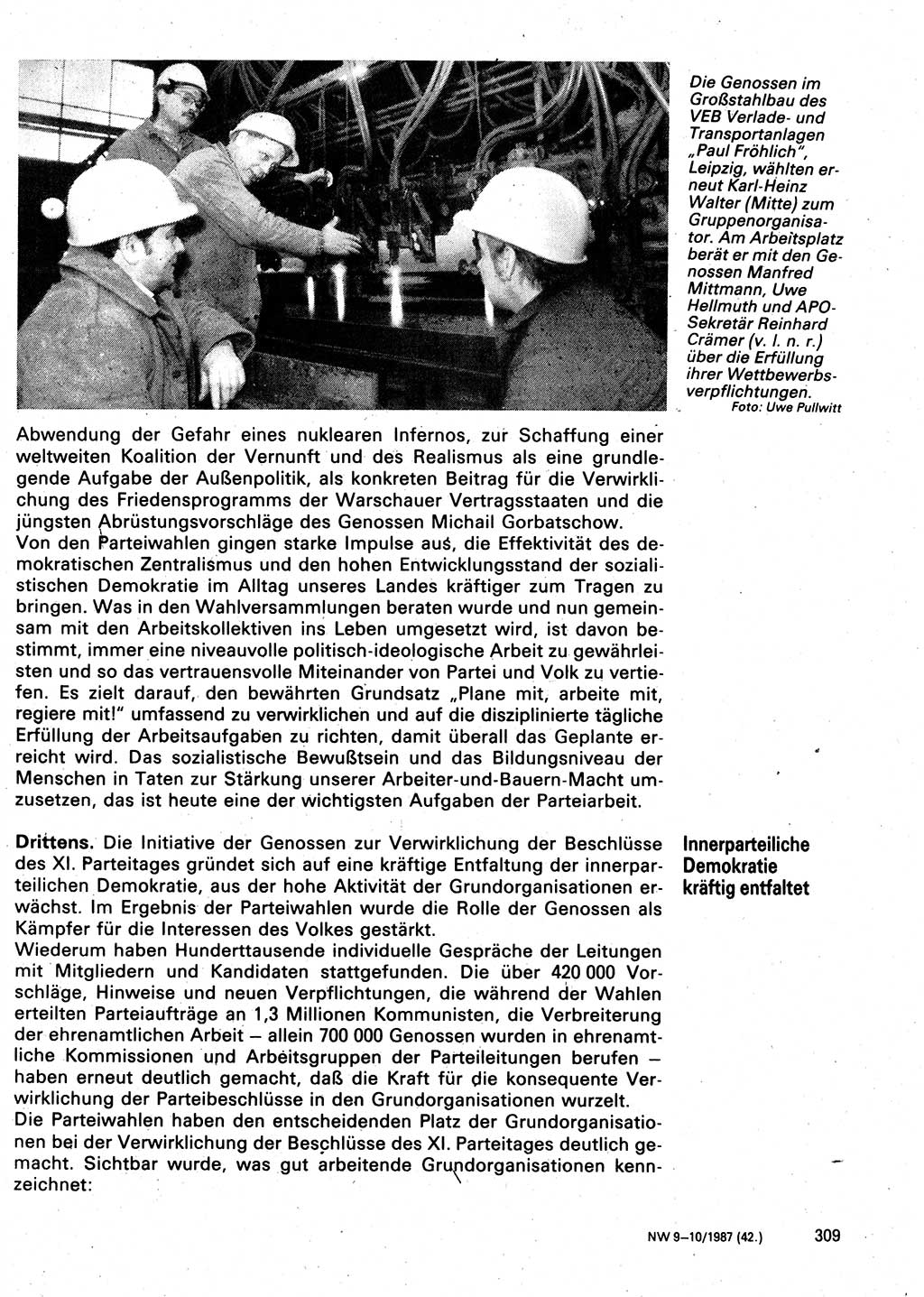 Neuer Weg (NW), Organ des Zentralkomitees (ZK) der SED (Sozialistische Einheitspartei Deutschlands) für Fragen des Parteilebens, 42. Jahrgang [Deutsche Demokratische Republik (DDR)] 1987, Seite 309 (NW ZK SED DDR 1987, S. 309)