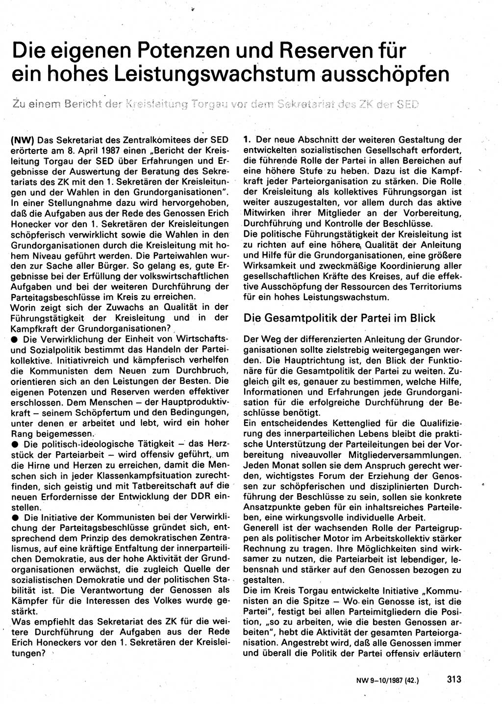 Neuer Weg (NW), Organ des Zentralkomitees (ZK) der SED (Sozialistische Einheitspartei Deutschlands) für Fragen des Parteilebens, 42. Jahrgang [Deutsche Demokratische Republik (DDR)] 1987, Seite 313 (NW ZK SED DDR 1987, S. 313)