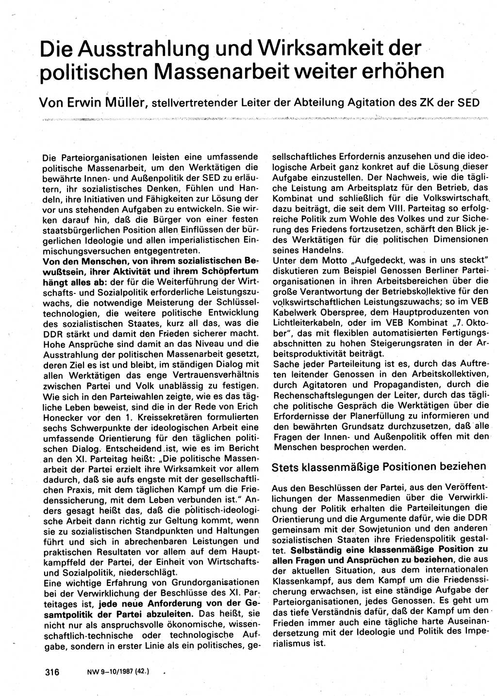 Neuer Weg (NW), Organ des Zentralkomitees (ZK) der SED (Sozialistische Einheitspartei Deutschlands) für Fragen des Parteilebens, 42. Jahrgang [Deutsche Demokratische Republik (DDR)] 1987, Seite 316 (NW ZK SED DDR 1987, S. 316)