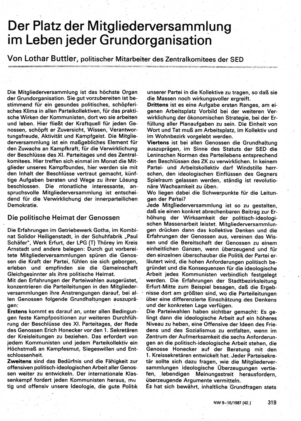 Neuer Weg (NW), Organ des Zentralkomitees (ZK) der SED (Sozialistische Einheitspartei Deutschlands) für Fragen des Parteilebens, 42. Jahrgang [Deutsche Demokratische Republik (DDR)] 1987, Seite 319 (NW ZK SED DDR 1987, S. 319)