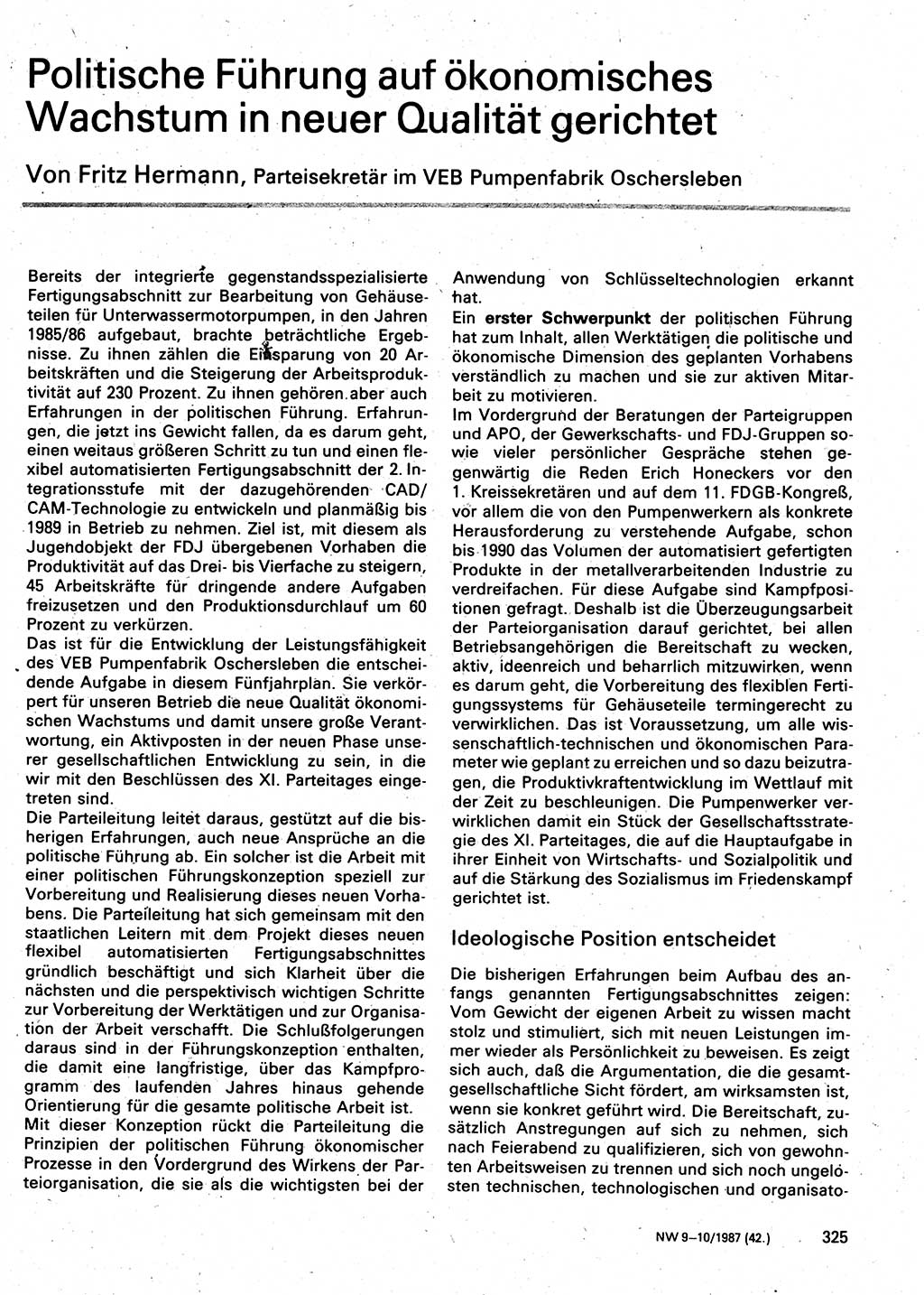 Neuer Weg (NW), Organ des Zentralkomitees (ZK) der SED (Sozialistische Einheitspartei Deutschlands) für Fragen des Parteilebens, 42. Jahrgang [Deutsche Demokratische Republik (DDR)] 1987, Seite 325 (NW ZK SED DDR 1987, S. 325)