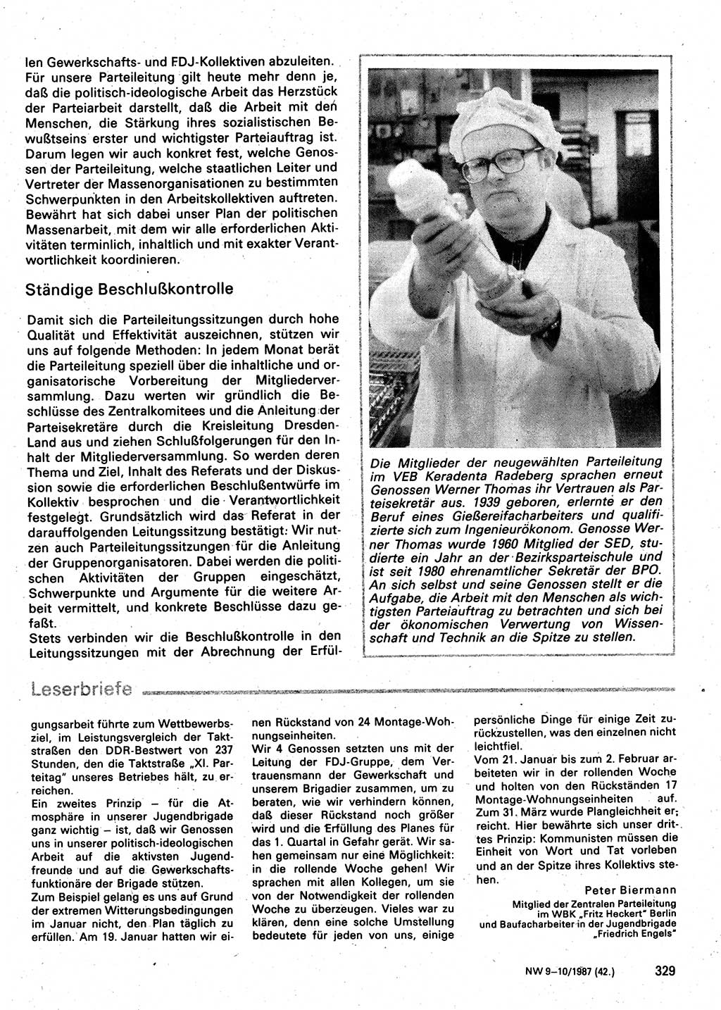 Neuer Weg (NW), Organ des Zentralkomitees (ZK) der SED (Sozialistische Einheitspartei Deutschlands) für Fragen des Parteilebens, 42. Jahrgang [Deutsche Demokratische Republik (DDR)] 1987, Seite 329 (NW ZK SED DDR 1987, S. 329)