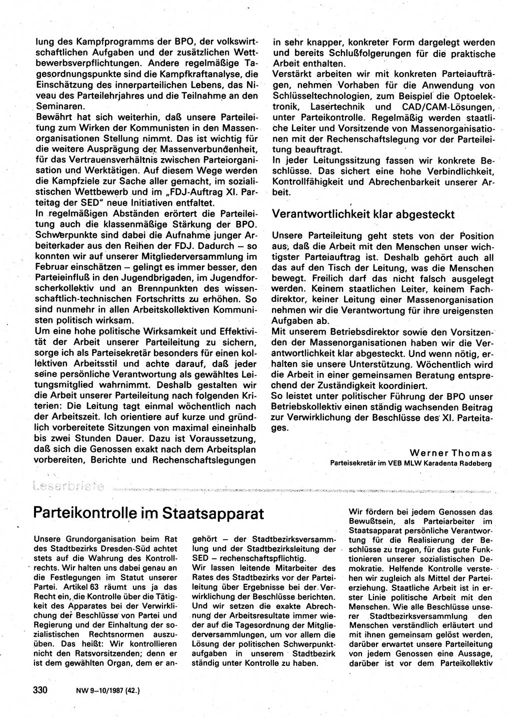 Neuer Weg (NW), Organ des Zentralkomitees (ZK) der SED (Sozialistische Einheitspartei Deutschlands) für Fragen des Parteilebens, 42. Jahrgang [Deutsche Demokratische Republik (DDR)] 1987, Seite 330 (NW ZK SED DDR 1987, S. 330)