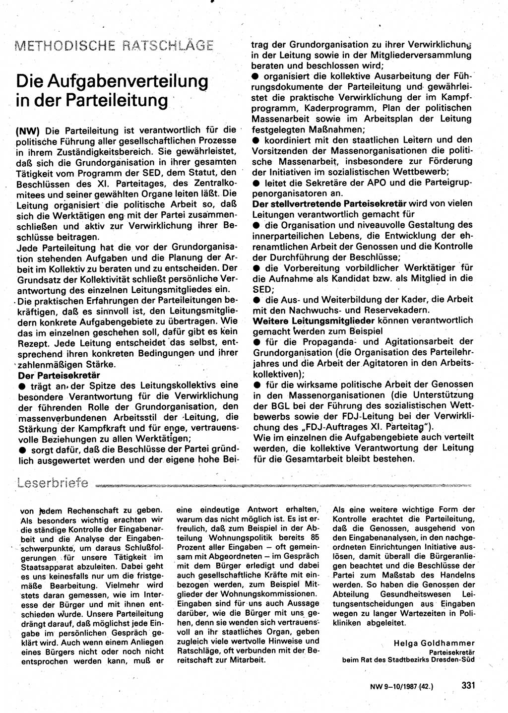 Neuer Weg (NW), Organ des Zentralkomitees (ZK) der SED (Sozialistische Einheitspartei Deutschlands) für Fragen des Parteilebens, 42. Jahrgang [Deutsche Demokratische Republik (DDR)] 1987, Seite 331 (NW ZK SED DDR 1987, S. 331)