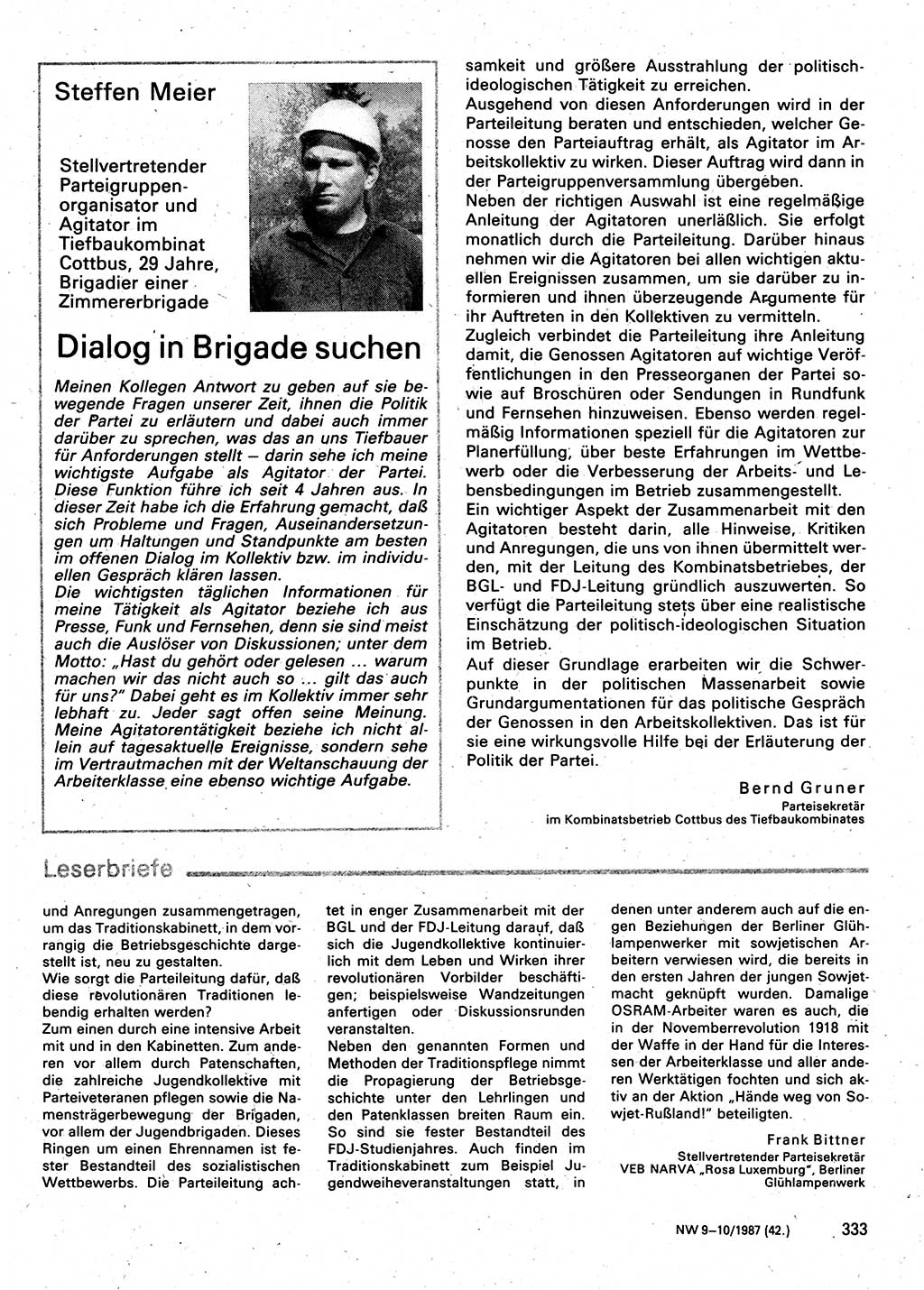 Neuer Weg (NW), Organ des Zentralkomitees (ZK) der SED (Sozialistische Einheitspartei Deutschlands) für Fragen des Parteilebens, 42. Jahrgang [Deutsche Demokratische Republik (DDR)] 1987, Seite 333 (NW ZK SED DDR 1987, S. 333)