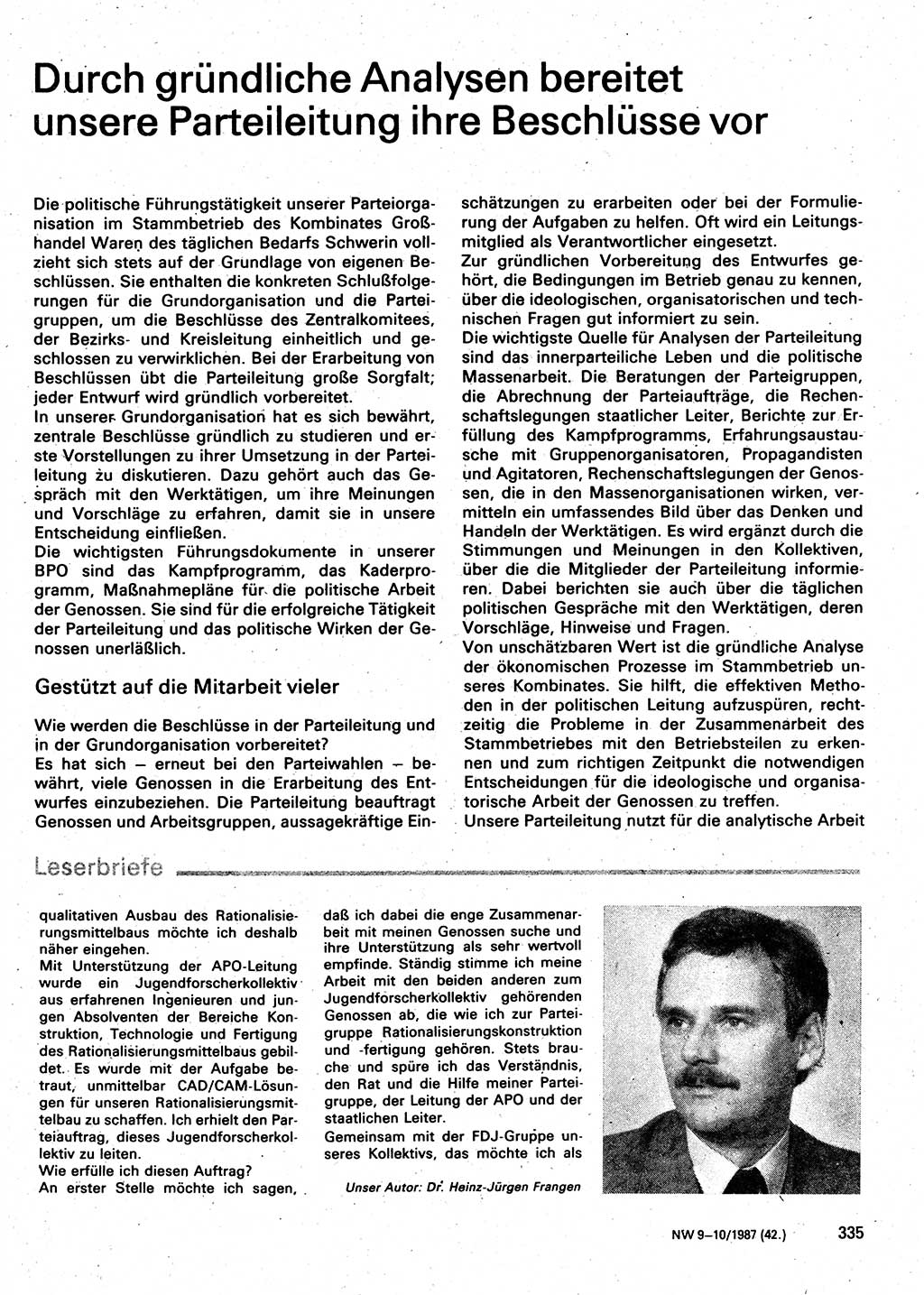 Neuer Weg (NW), Organ des Zentralkomitees (ZK) der SED (Sozialistische Einheitspartei Deutschlands) für Fragen des Parteilebens, 42. Jahrgang [Deutsche Demokratische Republik (DDR)] 1987, Seite 335 (NW ZK SED DDR 1987, S. 335)