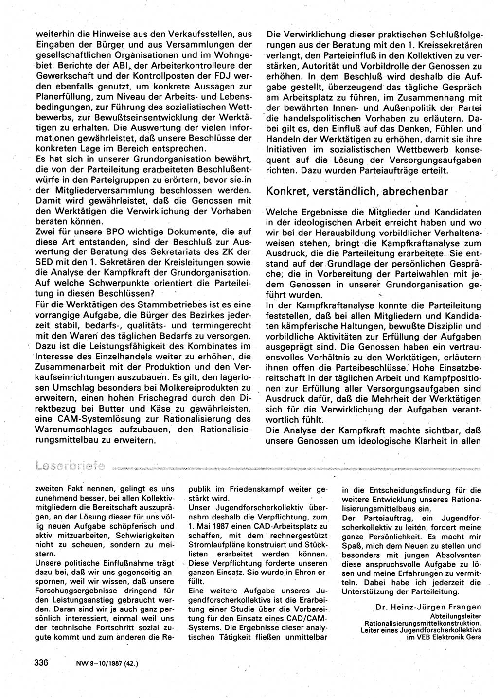 Neuer Weg (NW), Organ des Zentralkomitees (ZK) der SED (Sozialistische Einheitspartei Deutschlands) für Fragen des Parteilebens, 42. Jahrgang [Deutsche Demokratische Republik (DDR)] 1987, Seite 336 (NW ZK SED DDR 1987, S. 336)