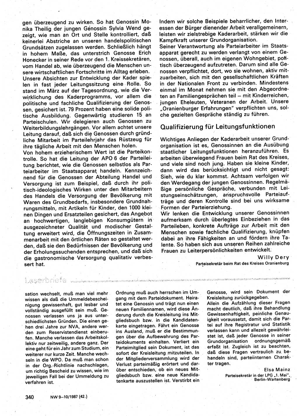 Neuer Weg (NW), Organ des Zentralkomitees (ZK) der SED (Sozialistische Einheitspartei Deutschlands) für Fragen des Parteilebens, 42. Jahrgang [Deutsche Demokratische Republik (DDR)] 1987, Seite 340 (NW ZK SED DDR 1987, S. 340)