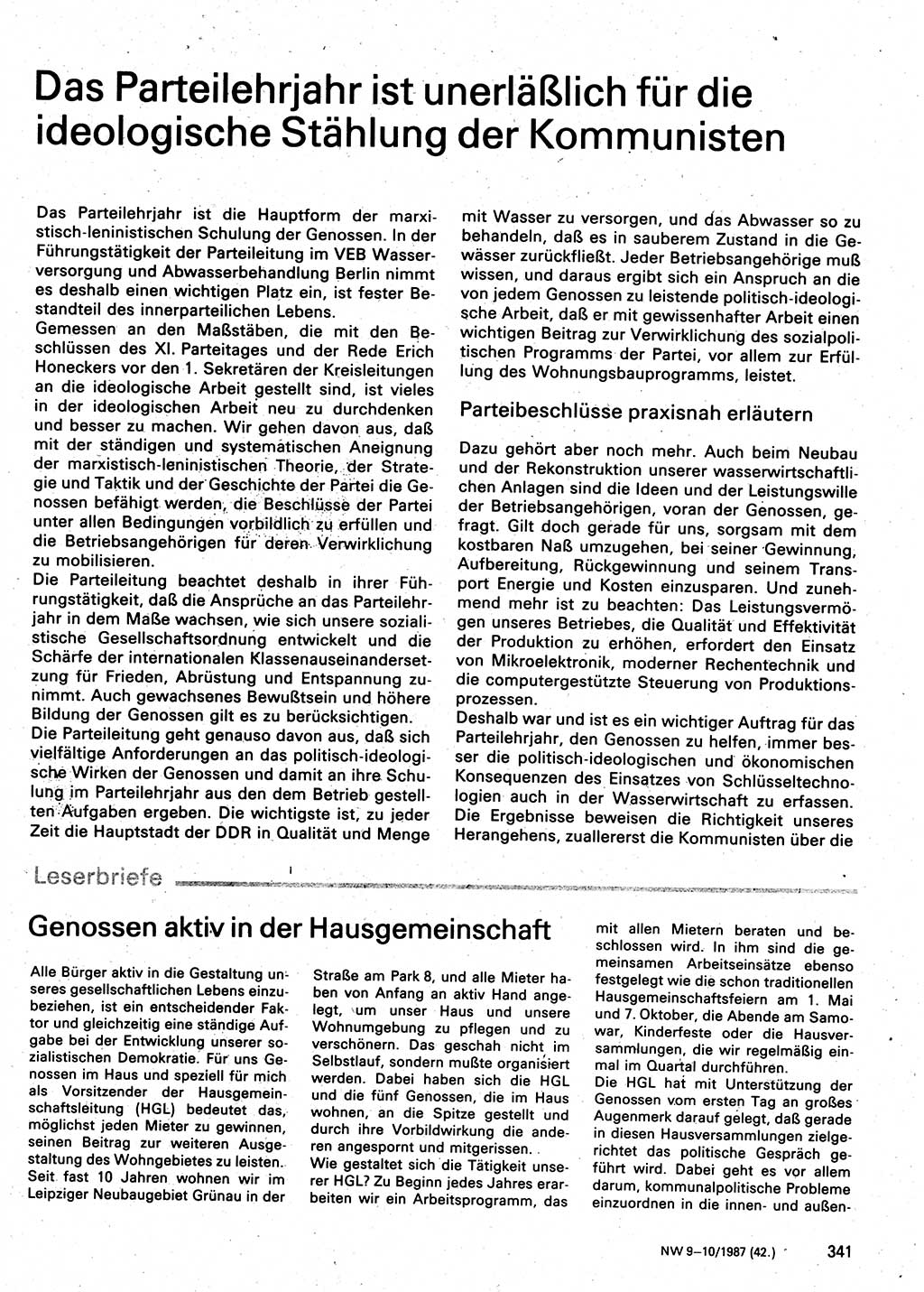 Neuer Weg (NW), Organ des Zentralkomitees (ZK) der SED (Sozialistische Einheitspartei Deutschlands) für Fragen des Parteilebens, 42. Jahrgang [Deutsche Demokratische Republik (DDR)] 1987, Seite 341 (NW ZK SED DDR 1987, S. 341)