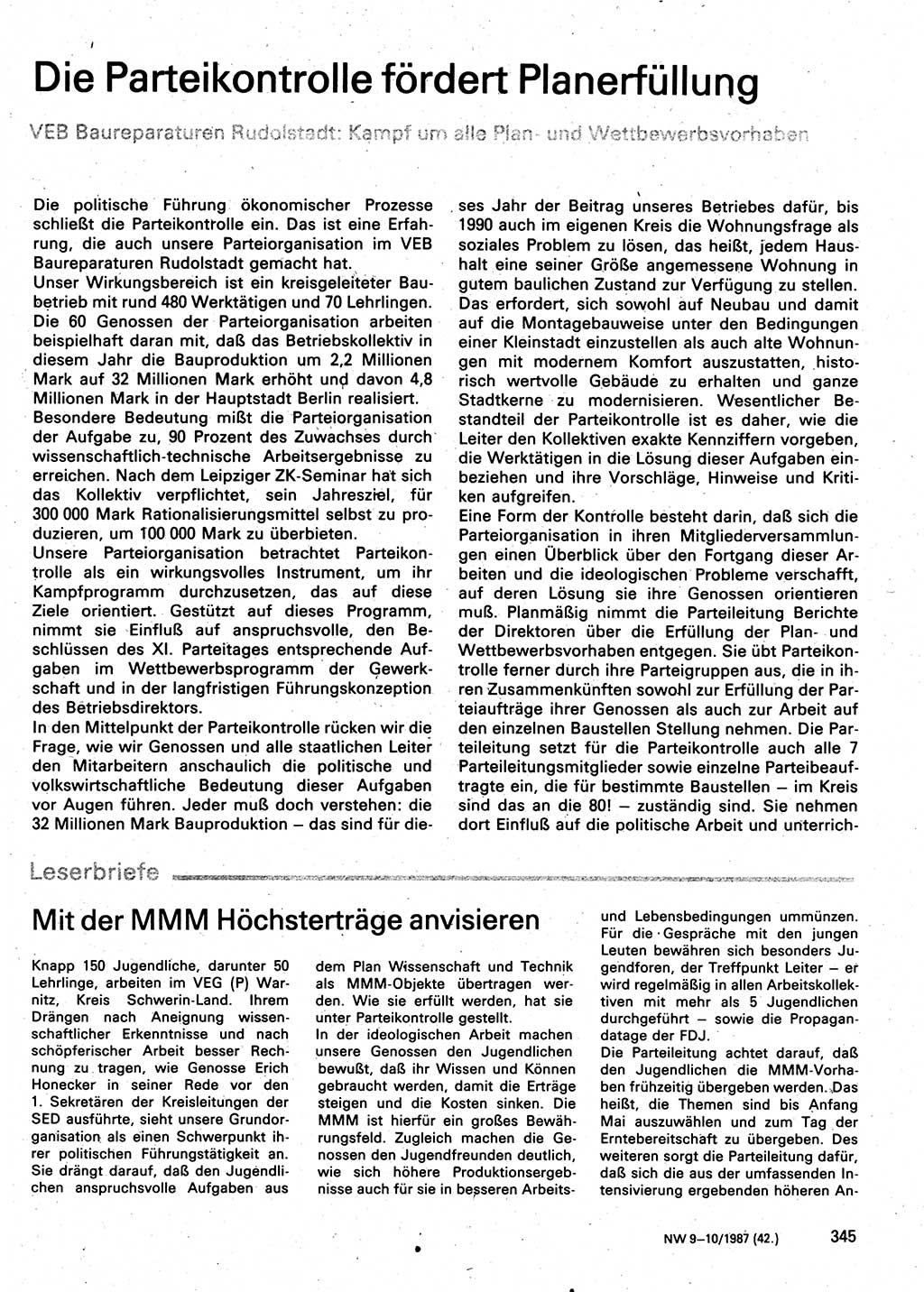 Neuer Weg (NW), Organ des Zentralkomitees (ZK) der SED (Sozialistische Einheitspartei Deutschlands) für Fragen des Parteilebens, 42. Jahrgang [Deutsche Demokratische Republik (DDR)] 1987, Seite 345 (NW ZK SED DDR 1987, S. 345)