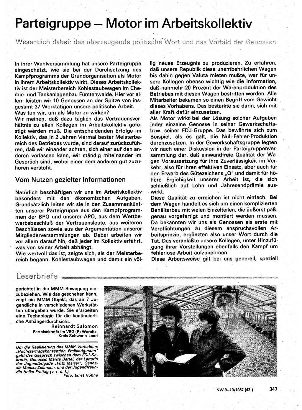Neuer Weg (NW), Organ des Zentralkomitees (ZK) der SED (Sozialistische Einheitspartei Deutschlands) für Fragen des Parteilebens, 42. Jahrgang [Deutsche Demokratische Republik (DDR)] 1987, Seite 347 (NW ZK SED DDR 1987, S. 347)