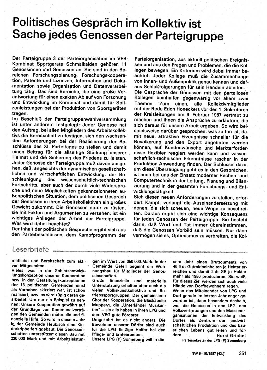 Neuer Weg (NW), Organ des Zentralkomitees (ZK) der SED (Sozialistische Einheitspartei Deutschlands) für Fragen des Parteilebens, 42. Jahrgang [Deutsche Demokratische Republik (DDR)] 1987, Seite 351 (NW ZK SED DDR 1987, S. 351)