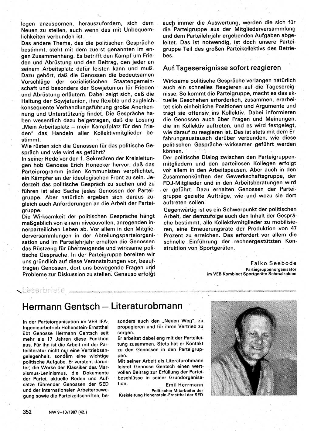 Neuer Weg (NW), Organ des Zentralkomitees (ZK) der SED (Sozialistische Einheitspartei Deutschlands) für Fragen des Parteilebens, 42. Jahrgang [Deutsche Demokratische Republik (DDR)] 1987, Seite 352 (NW ZK SED DDR 1987, S. 352)