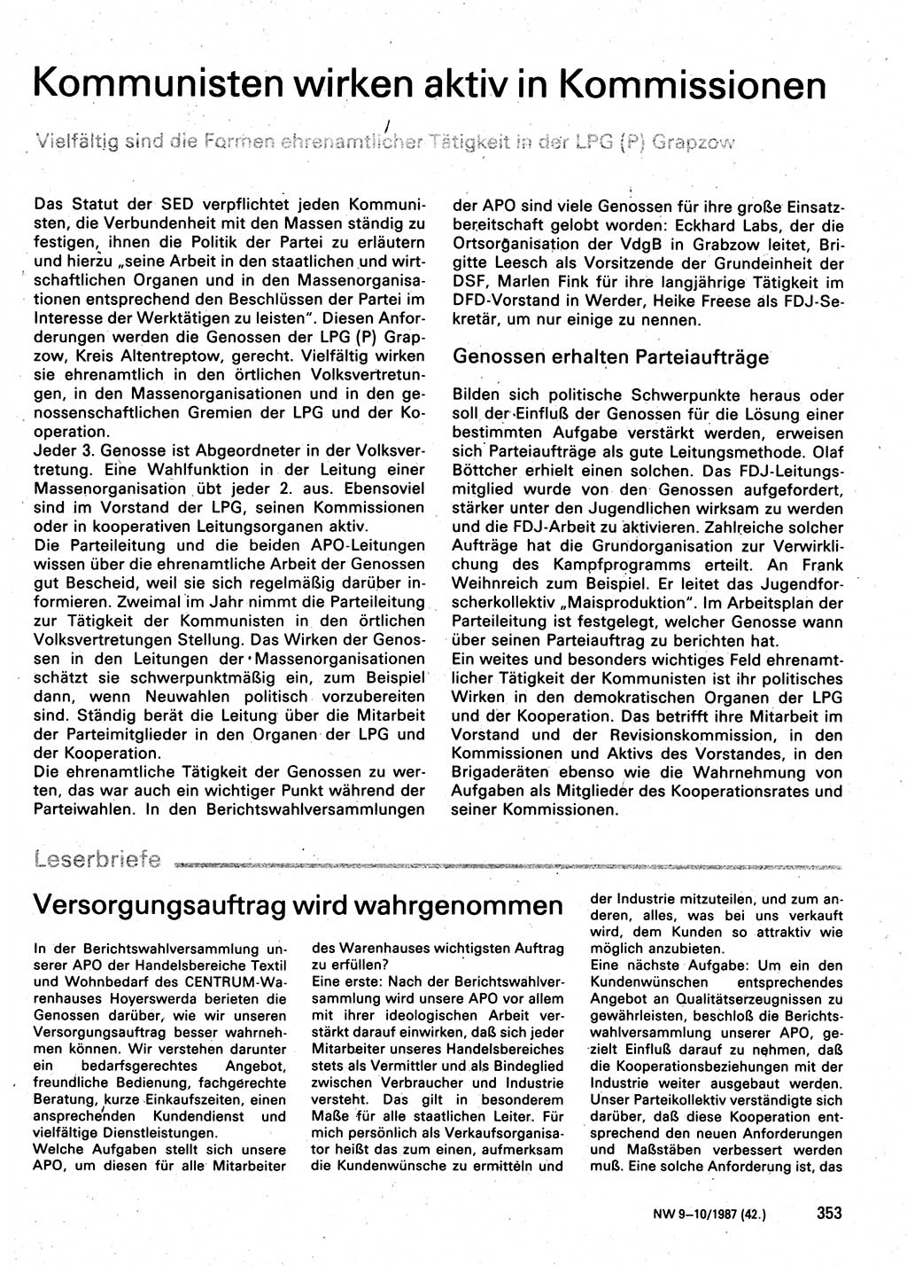 Neuer Weg (NW), Organ des Zentralkomitees (ZK) der SED (Sozialistische Einheitspartei Deutschlands) für Fragen des Parteilebens, 42. Jahrgang [Deutsche Demokratische Republik (DDR)] 1987, Seite 353 (NW ZK SED DDR 1987, S. 353)