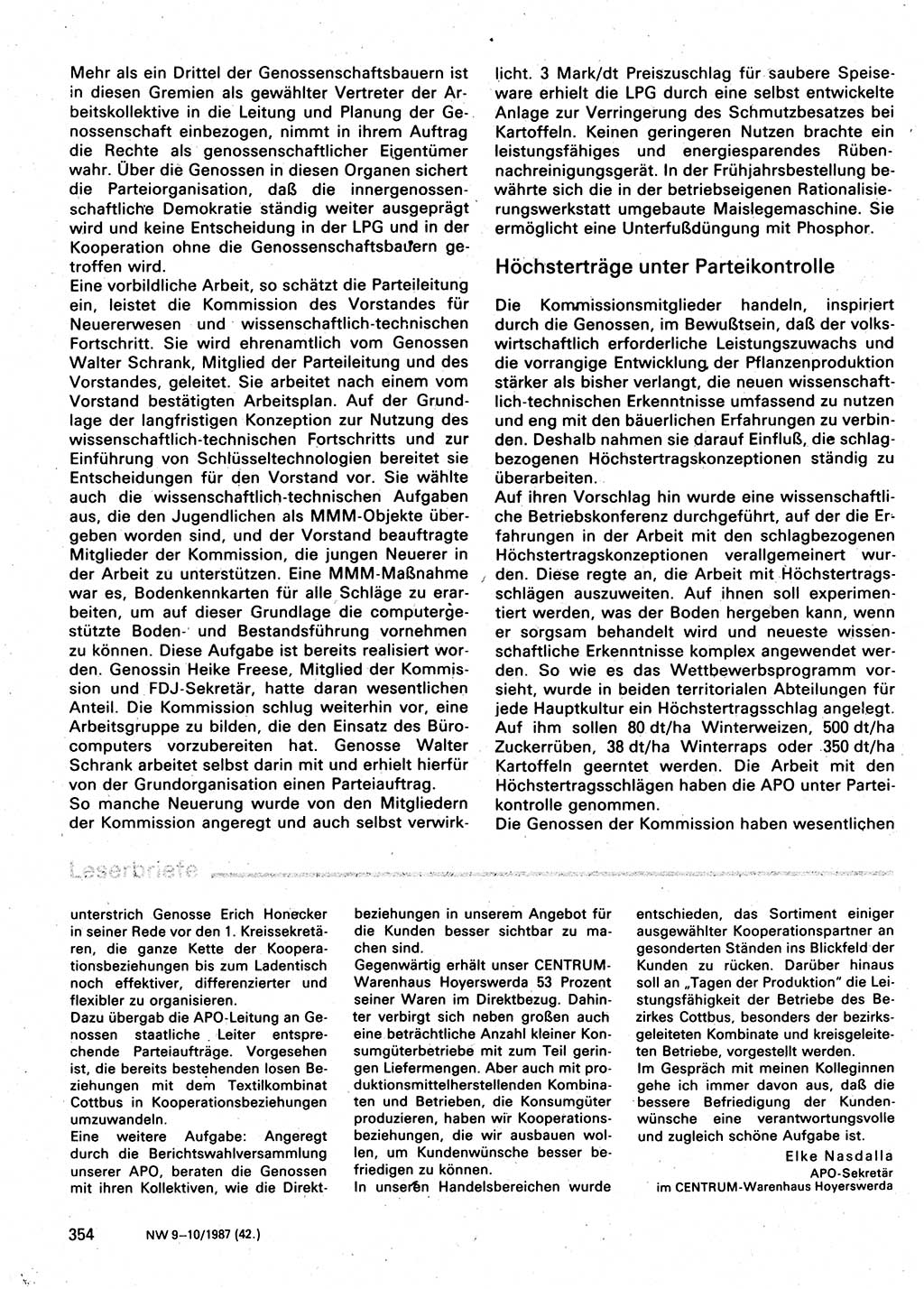 Neuer Weg (NW), Organ des Zentralkomitees (ZK) der SED (Sozialistische Einheitspartei Deutschlands) für Fragen des Parteilebens, 42. Jahrgang [Deutsche Demokratische Republik (DDR)] 1987, Seite 354 (NW ZK SED DDR 1987, S. 354)