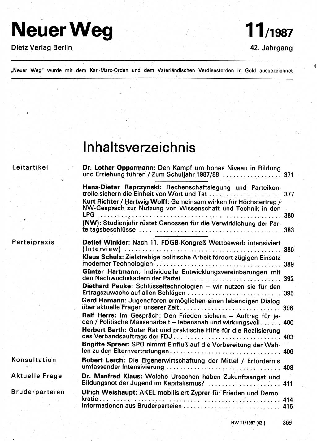 Neuer Weg (NW), Organ des Zentralkomitees (ZK) der SED (Sozialistische Einheitspartei Deutschlands) für Fragen des Parteilebens, 42. Jahrgang [Deutsche Demokratische Republik (DDR)] 1987, Seite 369 (NW ZK SED DDR 1987, S. 369)