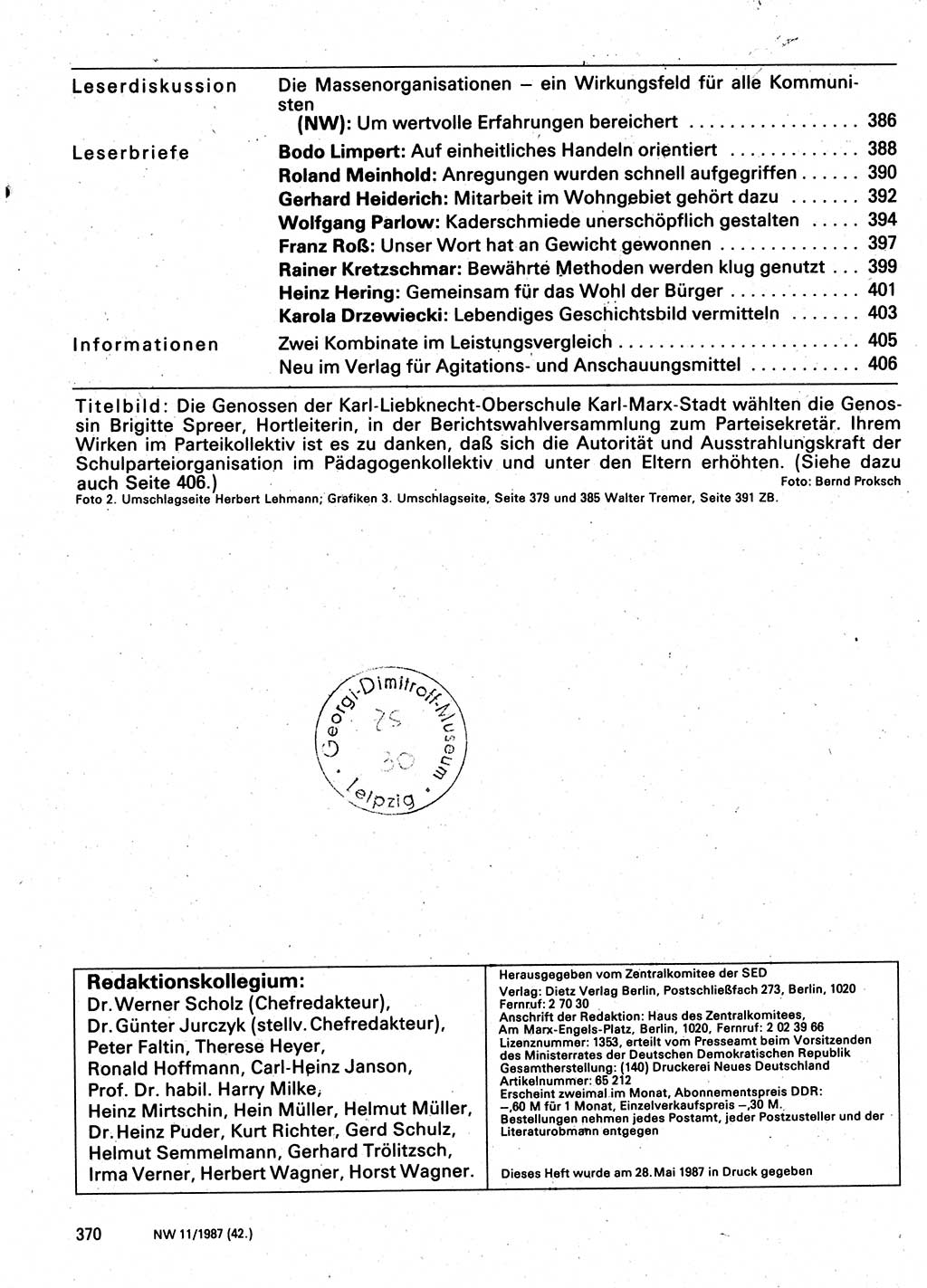 Neuer Weg (NW), Organ des Zentralkomitees (ZK) der SED (Sozialistische Einheitspartei Deutschlands) für Fragen des Parteilebens, 42. Jahrgang [Deutsche Demokratische Republik (DDR)] 1987, Seite 370 (NW ZK SED DDR 1987, S. 370)