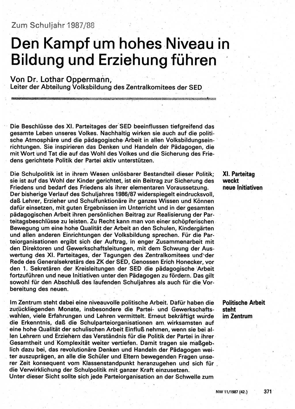 Neuer Weg (NW), Organ des Zentralkomitees (ZK) der SED (Sozialistische Einheitspartei Deutschlands) für Fragen des Parteilebens, 42. Jahrgang [Deutsche Demokratische Republik (DDR)] 1987, Seite 371 (NW ZK SED DDR 1987, S. 371)