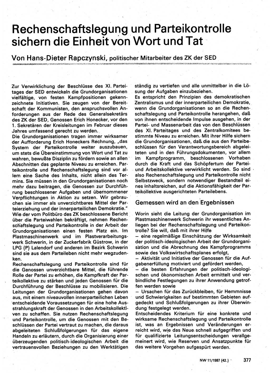 Neuer Weg (NW), Organ des Zentralkomitees (ZK) der SED (Sozialistische Einheitspartei Deutschlands) für Fragen des Parteilebens, 42. Jahrgang [Deutsche Demokratische Republik (DDR)] 1987, Seite 377 (NW ZK SED DDR 1987, S. 377)