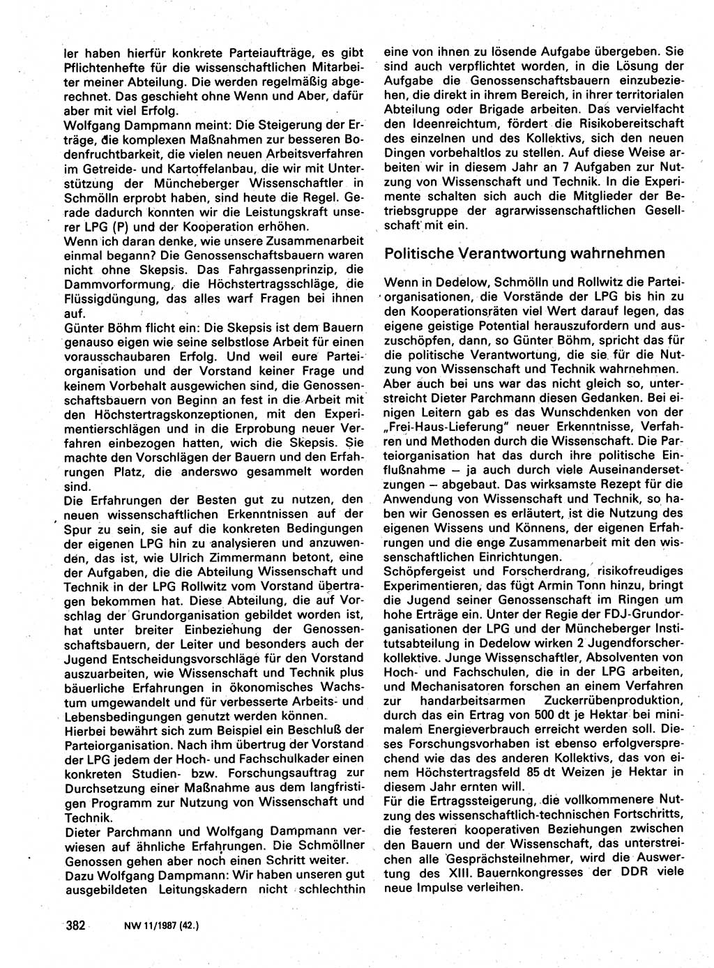 Neuer Weg (NW), Organ des Zentralkomitees (ZK) der SED (Sozialistische Einheitspartei Deutschlands) für Fragen des Parteilebens, 42. Jahrgang [Deutsche Demokratische Republik (DDR)] 1987, Seite 382 (NW ZK SED DDR 1987, S. 382)
