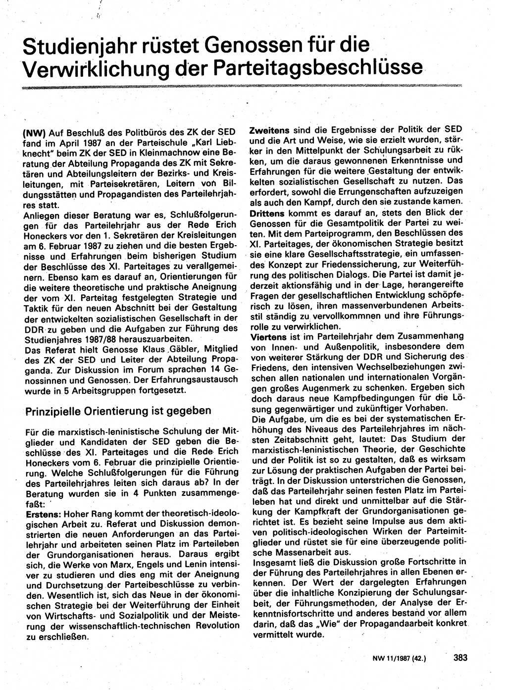 Neuer Weg (NW), Organ des Zentralkomitees (ZK) der SED (Sozialistische Einheitspartei Deutschlands) für Fragen des Parteilebens, 42. Jahrgang [Deutsche Demokratische Republik (DDR)] 1987, Seite 383 (NW ZK SED DDR 1987, S. 383)