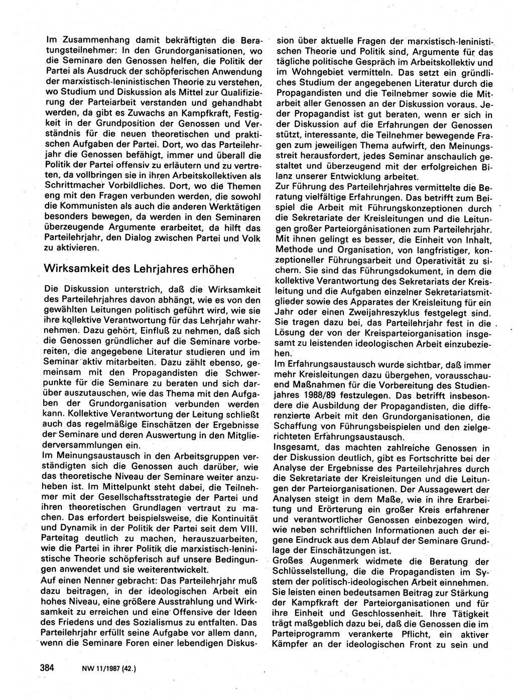 Neuer Weg (NW), Organ des Zentralkomitees (ZK) der SED (Sozialistische Einheitspartei Deutschlands) für Fragen des Parteilebens, 42. Jahrgang [Deutsche Demokratische Republik (DDR)] 1987, Seite 384 (NW ZK SED DDR 1987, S. 384)