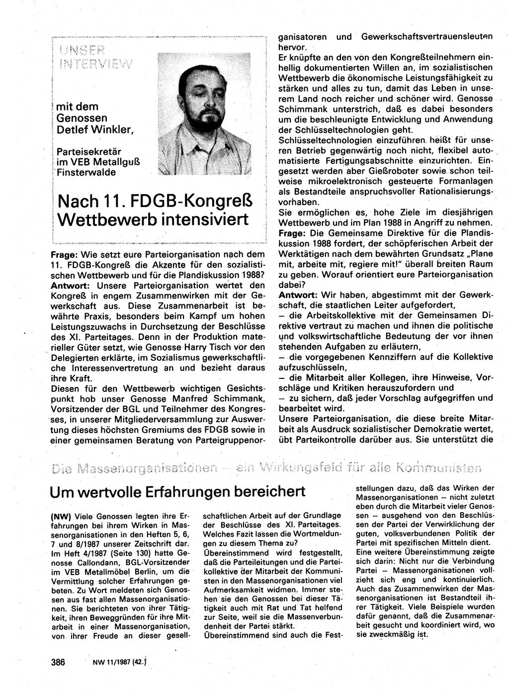 Neuer Weg (NW), Organ des Zentralkomitees (ZK) der SED (Sozialistische Einheitspartei Deutschlands) für Fragen des Parteilebens, 42. Jahrgang [Deutsche Demokratische Republik (DDR)] 1987, Seite 386 (NW ZK SED DDR 1987, S. 386)