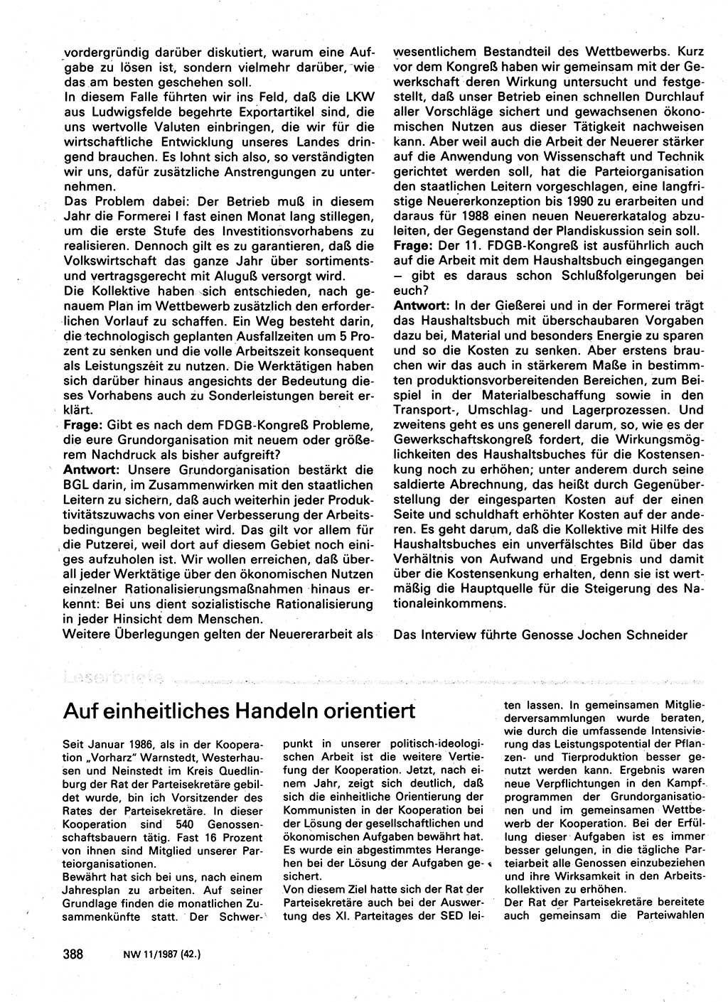 Neuer Weg (NW), Organ des Zentralkomitees (ZK) der SED (Sozialistische Einheitspartei Deutschlands) für Fragen des Parteilebens, 42. Jahrgang [Deutsche Demokratische Republik (DDR)] 1987, Seite 388 (NW ZK SED DDR 1987, S. 388)