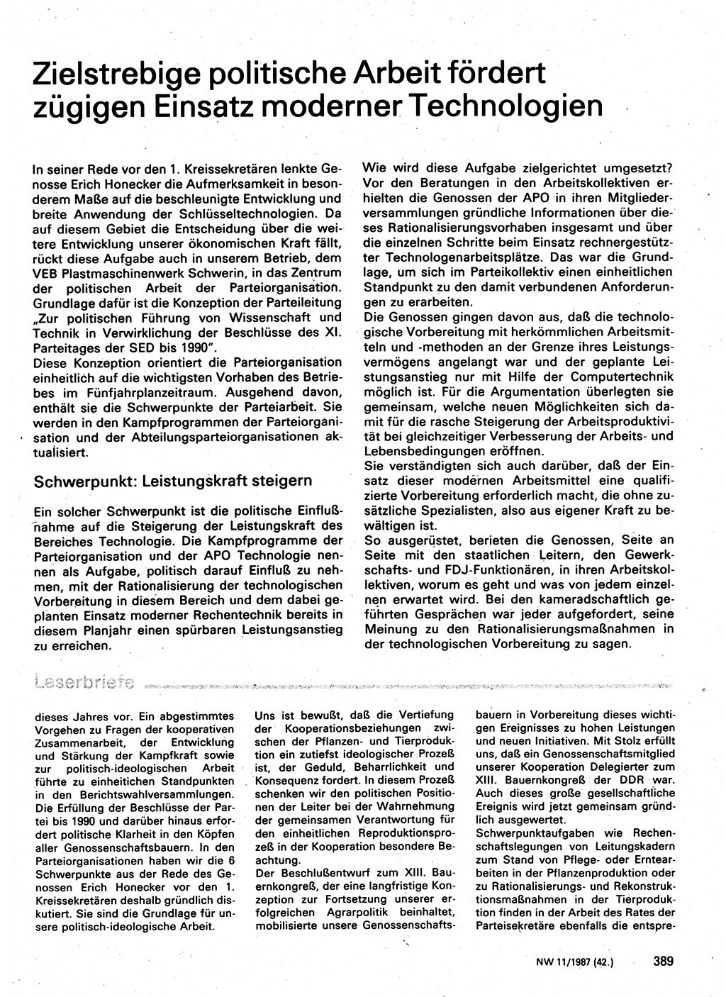 Neuer Weg (NW), Organ des Zentralkomitees (ZK) der SED (Sozialistische Einheitspartei Deutschlands) für Fragen des Parteilebens, 42. Jahrgang [Deutsche Demokratische Republik (DDR)] 1987, Seite 389 (NW ZK SED DDR 1987, S. 389)