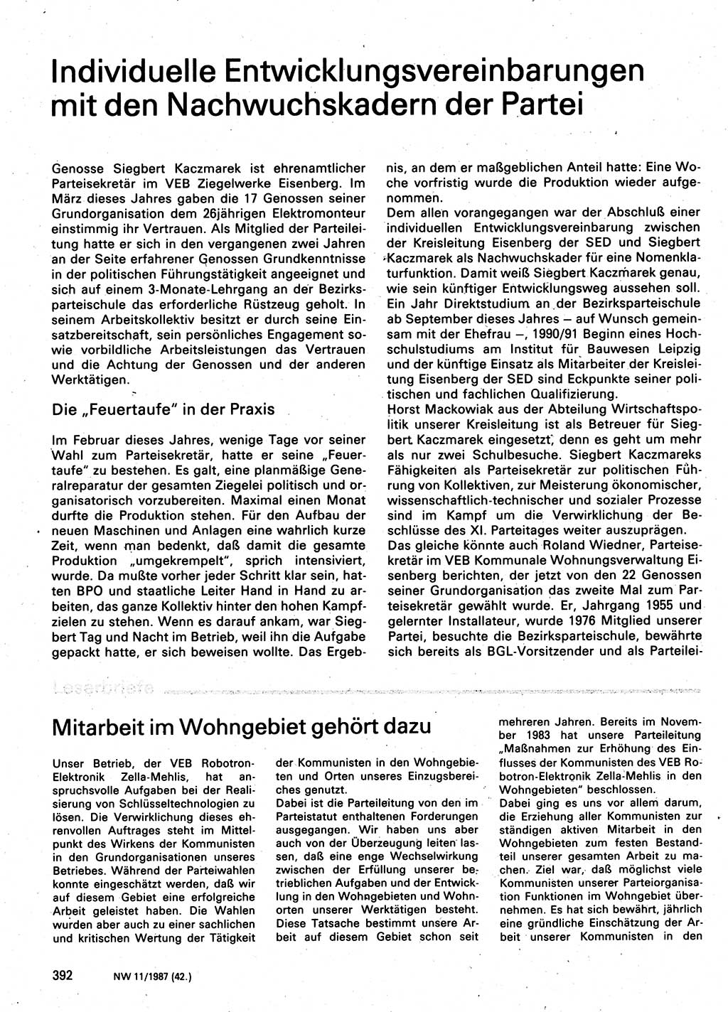 Neuer Weg (NW), Organ des Zentralkomitees (ZK) der SED (Sozialistische Einheitspartei Deutschlands) für Fragen des Parteilebens, 42. Jahrgang [Deutsche Demokratische Republik (DDR)] 1987, Seite 392 (NW ZK SED DDR 1987, S. 392)