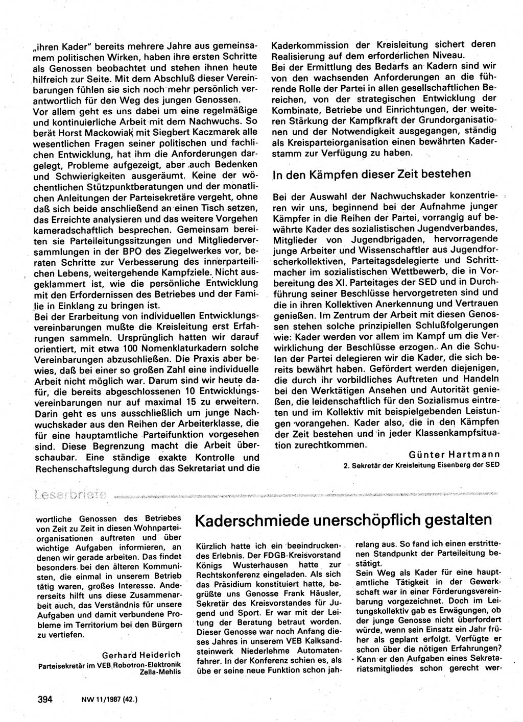 Neuer Weg (NW), Organ des Zentralkomitees (ZK) der SED (Sozialistische Einheitspartei Deutschlands) für Fragen des Parteilebens, 42. Jahrgang [Deutsche Demokratische Republik (DDR)] 1987, Seite 394 (NW ZK SED DDR 1987, S. 394)