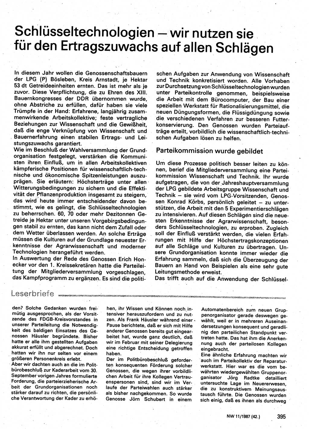 Neuer Weg (NW), Organ des Zentralkomitees (ZK) der SED (Sozialistische Einheitspartei Deutschlands) für Fragen des Parteilebens, 42. Jahrgang [Deutsche Demokratische Republik (DDR)] 1987, Seite 395 (NW ZK SED DDR 1987, S. 395)